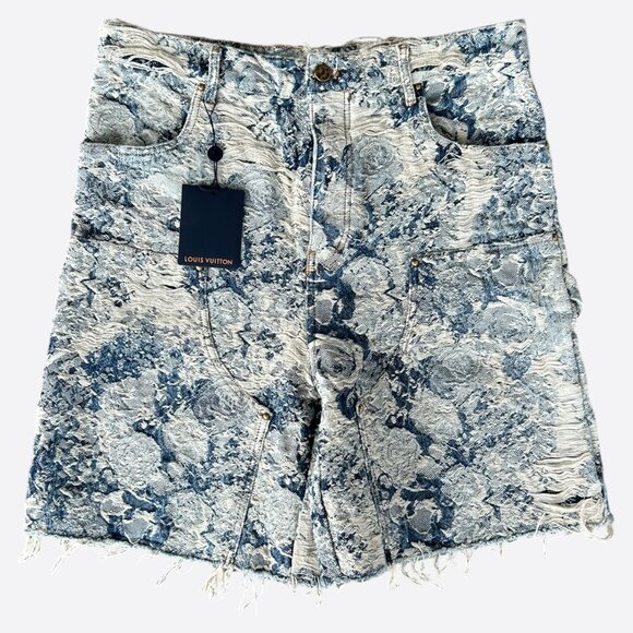 Louis Vuitton Blue & White Floral Distressed Carpenter Shorts - Picture 1 of 8